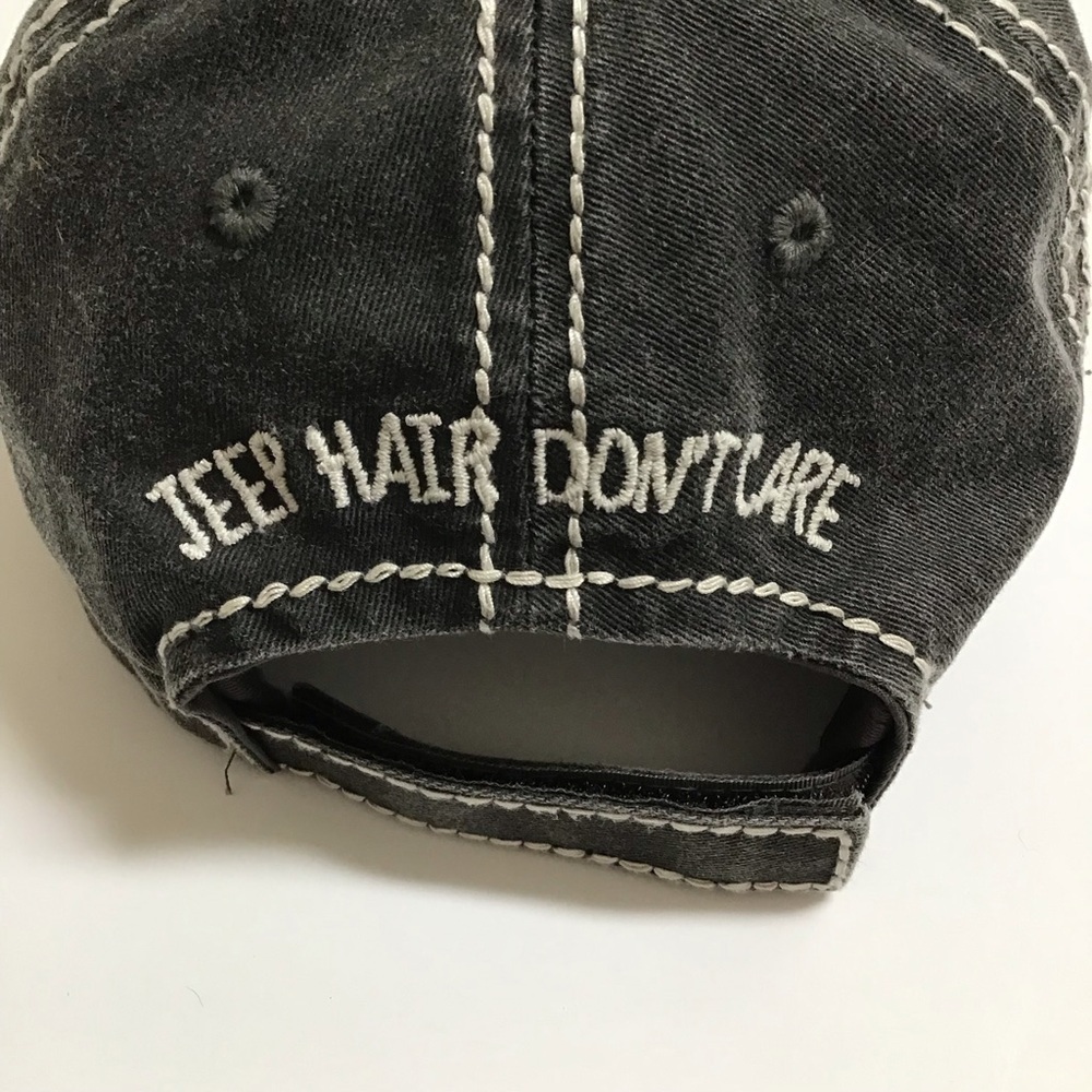 Jeep Hair Don’t Care Baseball Cap Gray Distress Hat Adjust Bling Grille Vintage - Picture 8 of 13